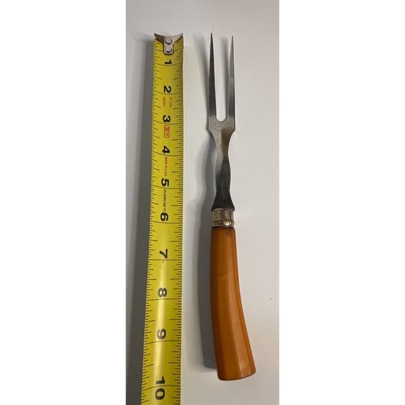 VTG Butterscotch Bakelite Meat Fork 10" Mid Century Stainless Flatware - Picture 3 of 3